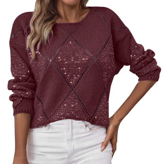 Fall Sweater for Women 2026 Hollow Glitter Sequin Knitted Long Sleeve Crewneck Cozy Sweaters