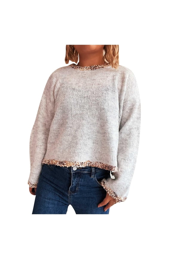 Fall Sweater for Women Chic Patchwork Round Neck Knitted Sweater Casual Long Sleeve Loose Pullovers Jumper Tops