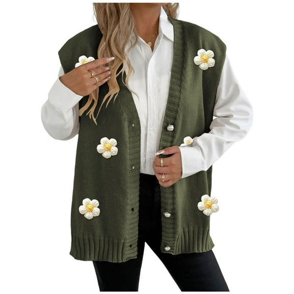 Fall Sweater for Women Floral Button Down Sweater Vest V Neck Knitted Cardigan Olive Green Free Size