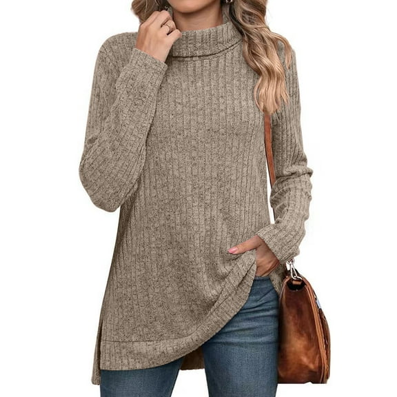 SHIBEVER Fall Sweater for Women Long Sleeve Turtleneck Thin Sweater Comfort Warm Winter Pullover Coffee T Shirts Blouse