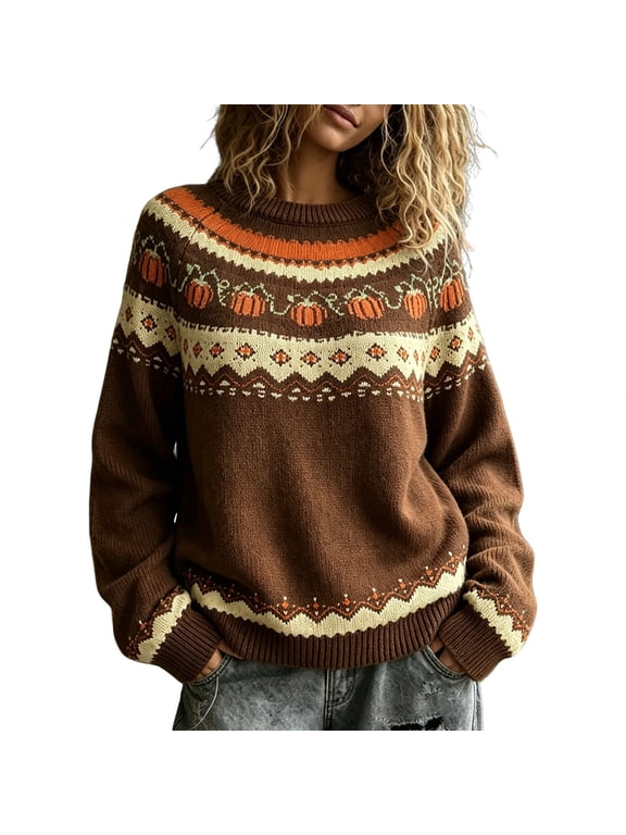Fall Sweaters BWASD Casual Retro Autumn Boho Oversized Knit Sweaters for Women Outdoor Cozy Pullover Top for Family Party Holiday Halloween Thanksgiving |Brown,L