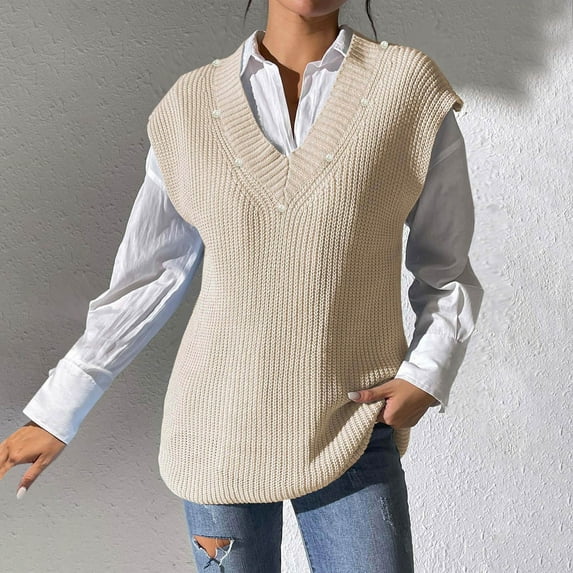 Fall Sweaters For Women 2024 Fashion Casual Solid Color V-Neck Sleeveless Clothes Sweater Vest Beige Free Size