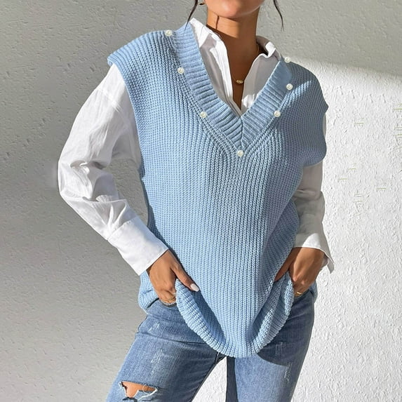 Fall Sweaters For Women 2024 Fashion Casual Solid Color V-Neck Sleeveless Clothes Sweater Vest Blue Free Size