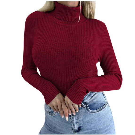 Fall Sweaters For Women Fashion Casual Collar Button Solid Color Base Knitted Round Neck Wine Pullover Winter Sweaters (M)