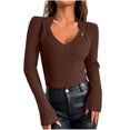 thumbnail image 1 of Fall Sweaters For Women Fashion Casual Long Sleeve Solid Color Coffee V Neck Pullover Winter Sweaters S-XL, 1 of 8