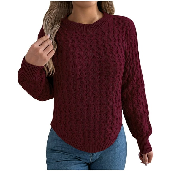 Fall Sweaters For Women Fashion Casual Long Sleeve Solid Color Round Neck Wine Pullover Winter Sweaters (M)