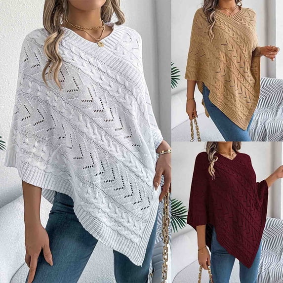 Fall Sweaters For Women Fashion Casual Solid Color Dough Twists Loose Cloak White V Neck Pullover Winter Sweaters S-XL