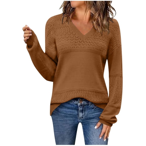 Fall Sweaters For Women Fashion Casual Solid Color Hollow Knit Long Sleeve Coffee V Neck Pullover Winter Sweaters S-3XL
