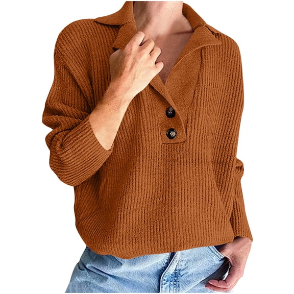 Fall Sweaters For Women Fashion Lapel Knitted Loose Casual Solid Color Long Sleeved Brown V Neck Pullover Winter Sweaters S-2XL