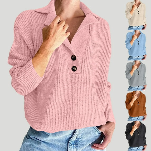 Fall Sweaters For Women Fashion Lapel Knitted Loose Casual Solid Color Long Sleeved V Neck Pullover Winter Sweaters S-2XL