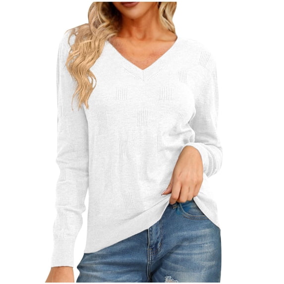 Fall Sweaters For Women Fashion Solid Color Long Sleeved Knitted Casual White V Neck Pullover Winter Sweaters S-2XL
