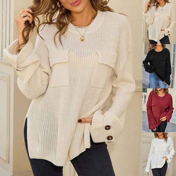 Fall Sweaters For Women Fashion Striped Patchwork Knitted With Long Sleeved Round Neck Beige Pullover Winter Sweaters (M)