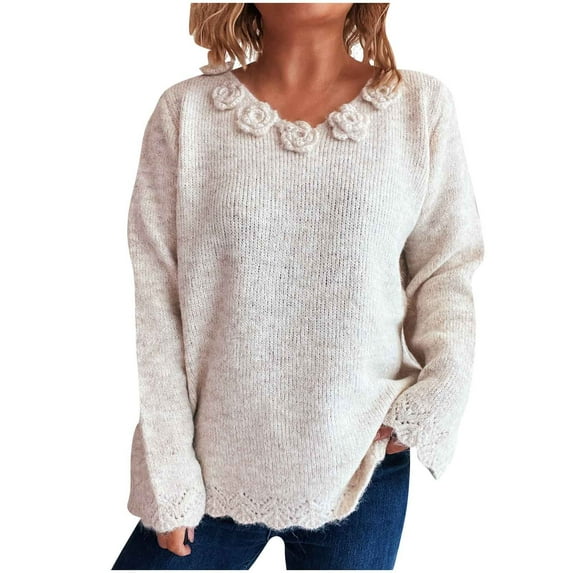 Fall Sweaters For Women Sevevn Women's Long Sleeve Round Neck Flower Decoration Solid Color Knitted Sweater