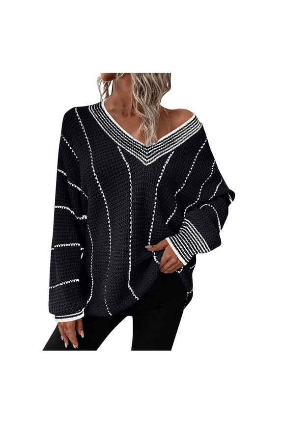 Fall Sweaters For Women Sevevn Womens Oversized Striped Tunic Sweaters Casual V Neck Long Sleeve Color Block Knit Pullover Jumper Tops