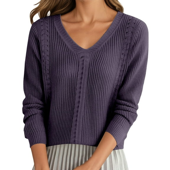 Fall Sweaters For Women Solid Color Casual Collar Long Sleeve Knitted Pullover Sweater Soft Comfortable Warm Winter Purple