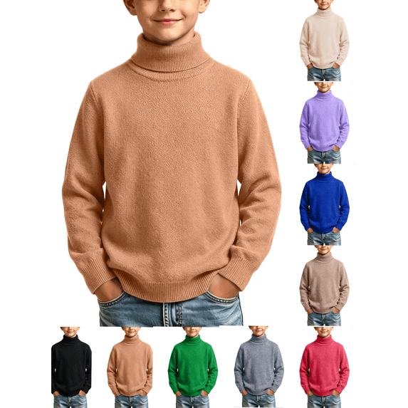 Fall Sweaters Nelozsy Kids Fashion Solid Color High Neck Long Sleeve Sweater Brown 12-13 Years