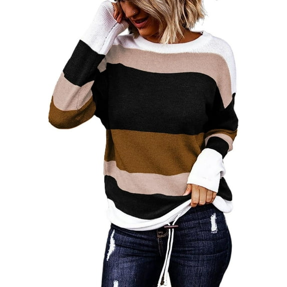 Fall Sweaters Round Neck Striped Cute Winter Pullover Sweaters for Women 2023 Drawstring