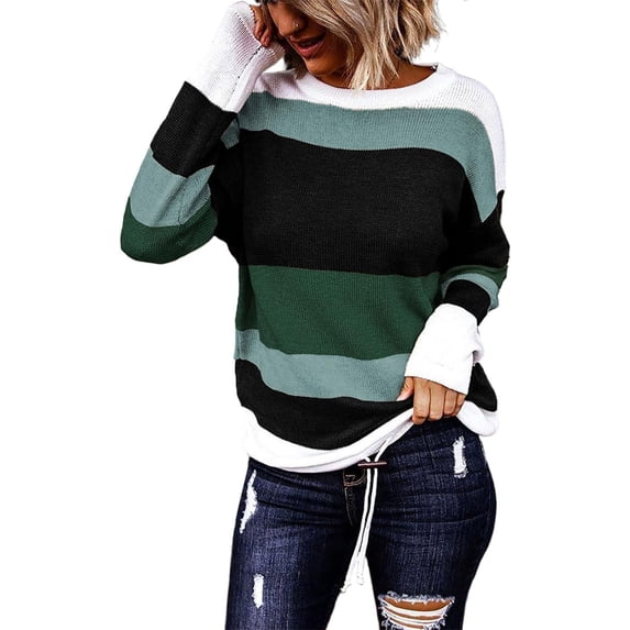 Fall Sweaters Round Neck Striped Cute Winter Pullover Sweaters for Women 2023 Drawstring
