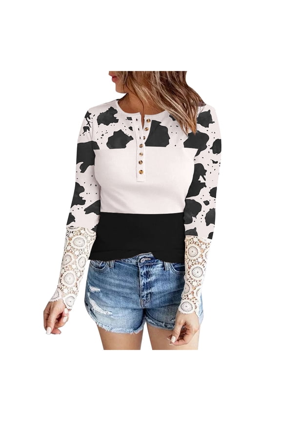 Fall Sweaters for Women 2022 Button Up Henley Shirt Leopard Color Block Sweater Lace Splicing Shirt Slim Fit Blouse Tops Knit Sweater Vintage Christmas Sweater Romper