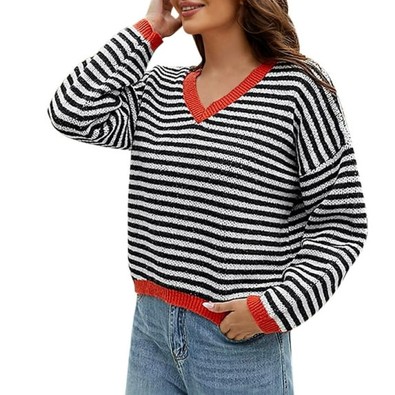 Fall Sweaters Women Casual Striped Pullover Sweaters Autumn Winter Color Block V Neck Knitwear Sweater Black XXL