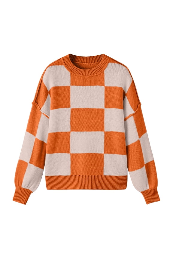 Fall Sweaters Women Contrast Checkerboard Knitted Autumn Winter Loose Lazy Patchwork Sweaters Sweaters Orange S