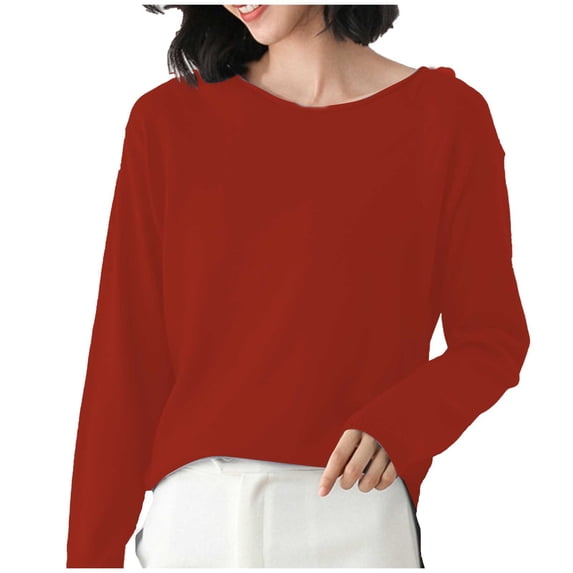 Fall Sweaters Women Cozy Knit Sweaters Loose Fit Round Neck Pullover Versatile Solid Layering Shirt Sweaters Red XL