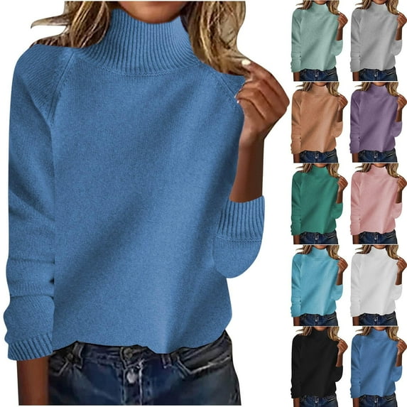 Fall Sweaters For Women Fashion Solid Color Round-ncek Shoulder Inserted Thick Stand Up Collar Loose Lazy Style Wool Base Blue Pullover Winter Sweaters Turtleneck S-L