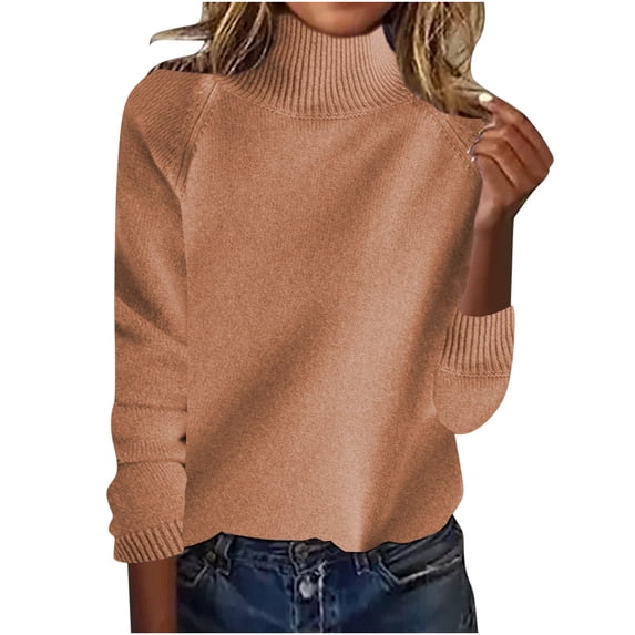 Fall Sweaters For Women Fashion Solid Color Round-ncek Shoulder Inserted Thick Stand Up Collar Loose Lazy Style Wool Base Turtleneck Coffee Pullover Winter Sweaters (M)