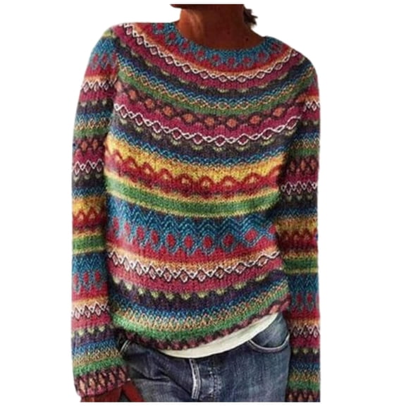 Women's Knitted Fair Isle Print Retro Argyle Sweater Casual Loose Crewneck Long Sleeve Lightweight Cropped Pullover Tops