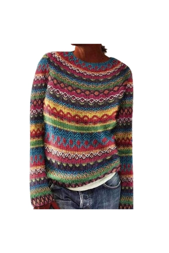 Women's Knitted Fair Isle Print Retro Argyle Sweater Casual Loose Crewneck Long Sleeve Lightweight Cropped Pullover Tops