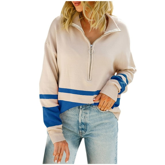 Fall Sweaters Womens Knit Pullovers Fashion Color Block Zipper Pullover Tops Long Sleeve Sweatshirt Blouses