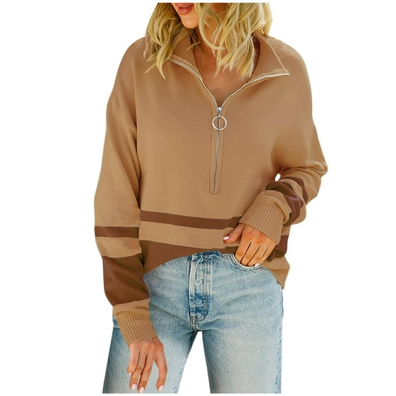Fall Sweaters Womens Knit Pullovers Fashion Color Block Zipper Pullover Tops Long Sleeve Sweatshirt Blouses