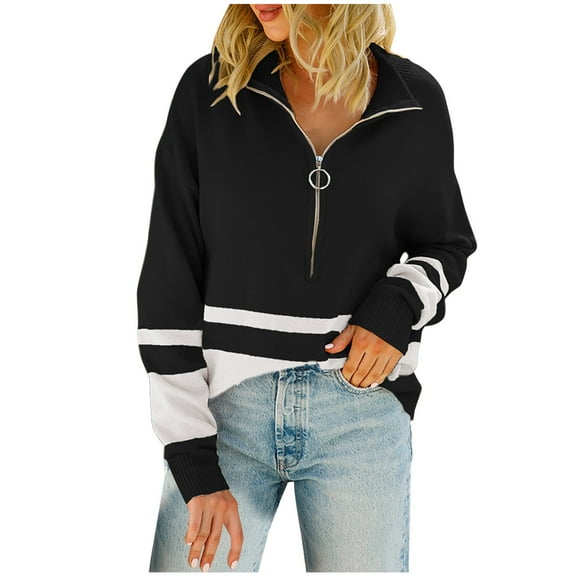 Fall Sweaters Womens Knit Pullovers Fashion Color Block Zipper Pullover Tops Long Sleeve Sweatshirt Blouses
