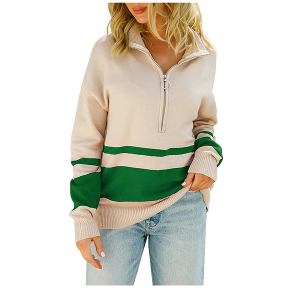 Fall Sweaters Womens Knit Pullovers Fashion Color Block Zipper Pullover Tops Long Sleeve Sweatshirt Blouses