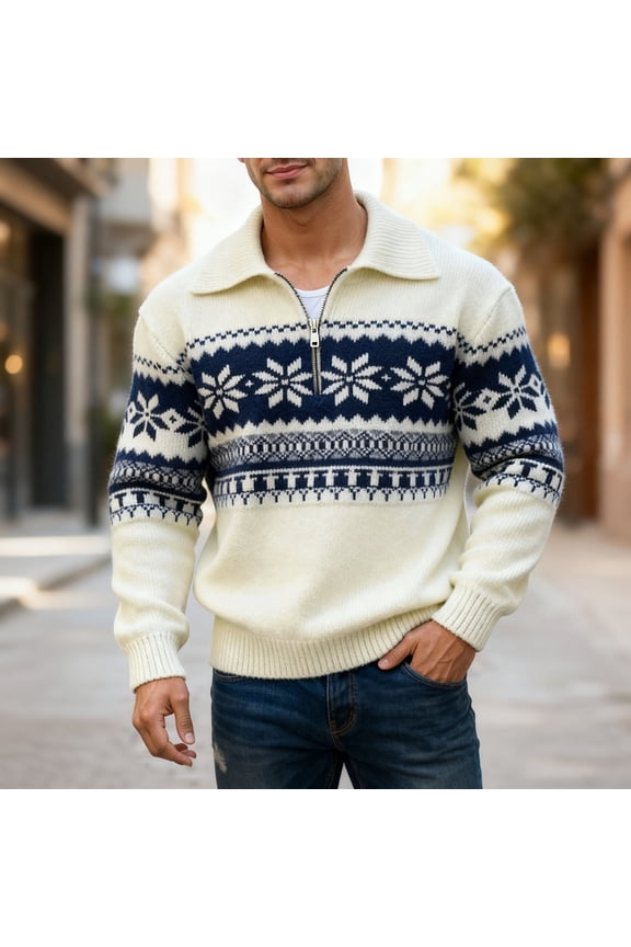 Fall Sweaters for Men Loose Fit Crew Neck Quarter Zip Sweatshirts Casual Trendy Solid Color Comfoy Winter Soft Warm Knit Pullover Tops Beige XL