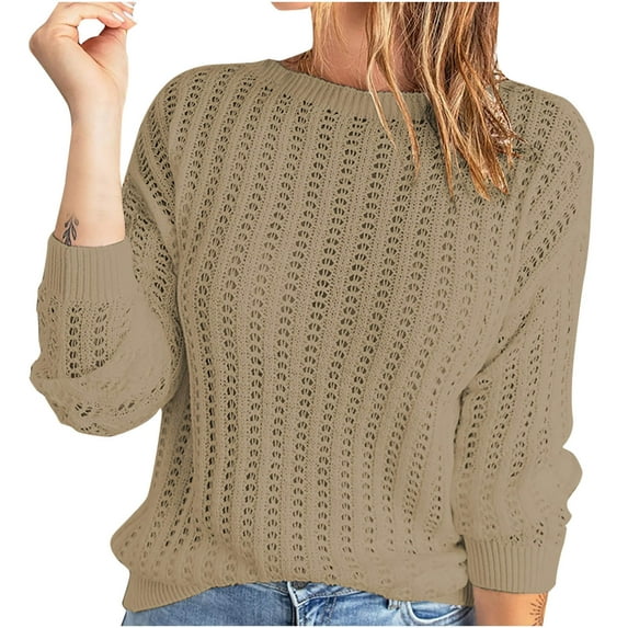Fall Sweaters for Women Long Sleeve Crewneck Knit Hollow Out Sweaters Solid Color Casual Comfy Pullover Tops