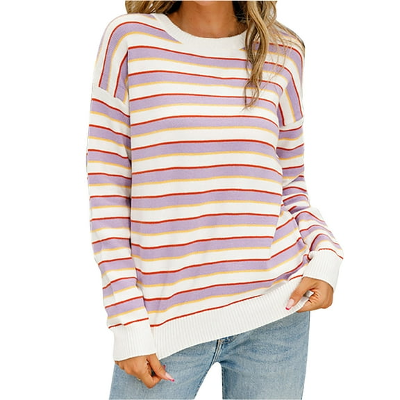 Fall Sweaters for Women 2024 Striped Crew Neck Sweatshirt Women Plus Size Casual Loose Long Sleeve Knit Shirt (Purple XL)