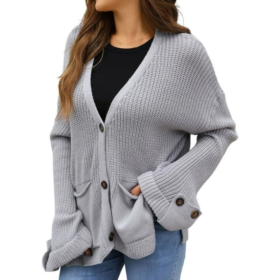 Fall Sweaters for Women 2025 Loose Fit V Neck Long Sleeve Solid Color Button Knit Sweater with Pockets Soft Relaxed Girls Cardigan
