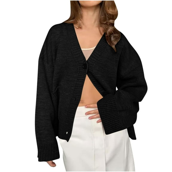 Fall Sweaters for Women 2025 Solid V Neck Long Sleeve Button Down Knit Cardigan Casual Fashion Elegant Loose Coat