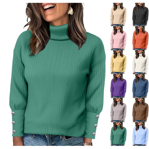 Fall Sweaters for Women 2025 Women's Oversized Chunky Pullover Sweaters Cowl Neck Button Long Sleeve Slouchy Loose Knit Sweater Green XXL