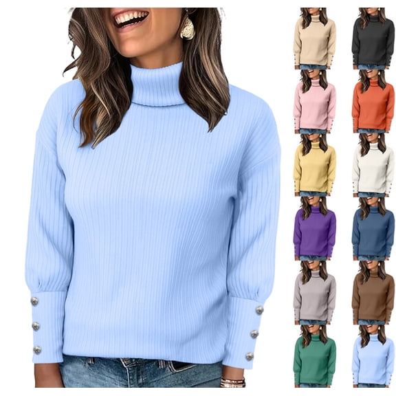 Fall Sweaters for Women 2025 Women's Oversized Chunky Pullover Sweaters Cowl Neck Button Long Sleeve Slouchy Loose Knit Sweater Sky Blue XL
