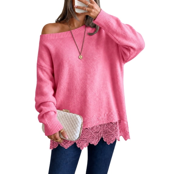 Fall Sweaters for Women 2026 Long Sleeve Off Shoulder Lace Hem Cute Pullover Tops Knit Loose Fit Y2k Winter Lightweight Trendy Sweater Pink M
