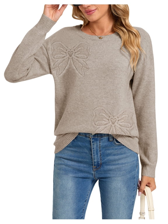 Fall Sweaters for Women Bow Lightweight Knit Sweater Crewneck Casual Pullover Sweaters Shermie