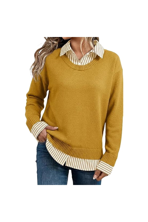 Fall Sweaters for Women Casual 2 in 1 Striped Patchwork Collared Sweaters Business Work Oversized Knit Pullover Tops, S