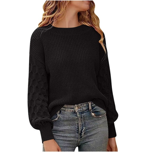 Fall Sweaters for Women Casual Crewneck Long Sleeve Tops Chunky Cable Knit Sweater Black XL