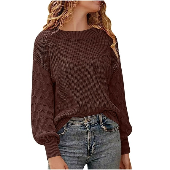 Fall Sweaters for Women Casual Crewneck Long Sleeve Tops Chunky Cable Knit Sweater Coffee M