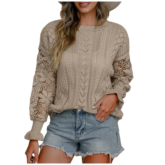 Fall Sweaters for Women Casual Fashion Solid Hollow Out Pullover Long Sleeve Round Neck Sweater
