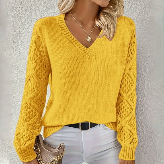 Fall Sweaters for Women Crochet Knit Pullover Trendy Long Sleeve V Neck Sweater Tops Loose Fall Outfits Gold S