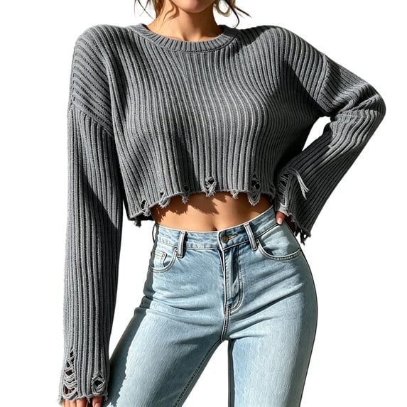 Fall Sweaters for Women Cropped Ribbed Knit Pullover Tops, S