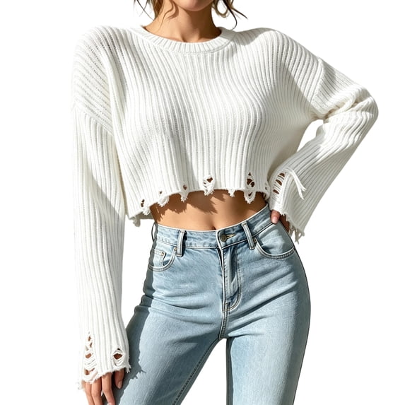 Fall Sweaters for Women Cropped Ribbed Knit Pullover Tops, XL